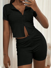 Ladies' Solid Color Zipper Short Sleeve Top And Shorts Set